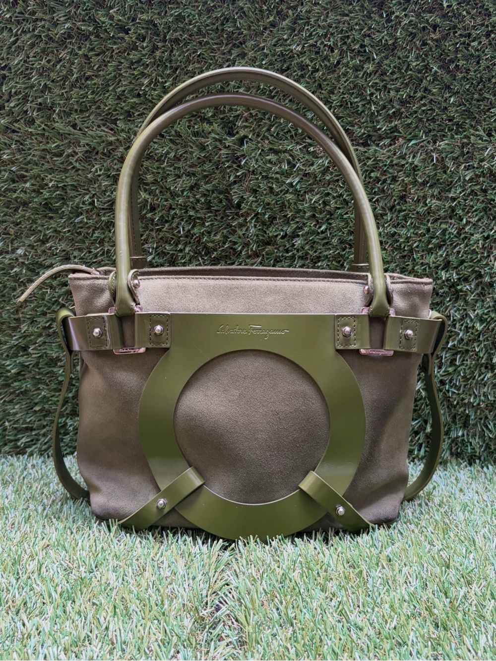 Vintage Salvatore Ferragamo Olive Green Suede & Leather Bag